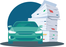 An image of a teal car with a pile of papers next to it